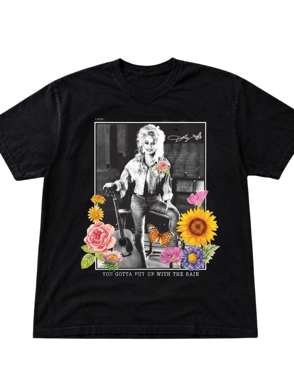 Gildan Dolly Parton Black Graphic Tee - Floral 'You Gotta Put Up With The Rain'